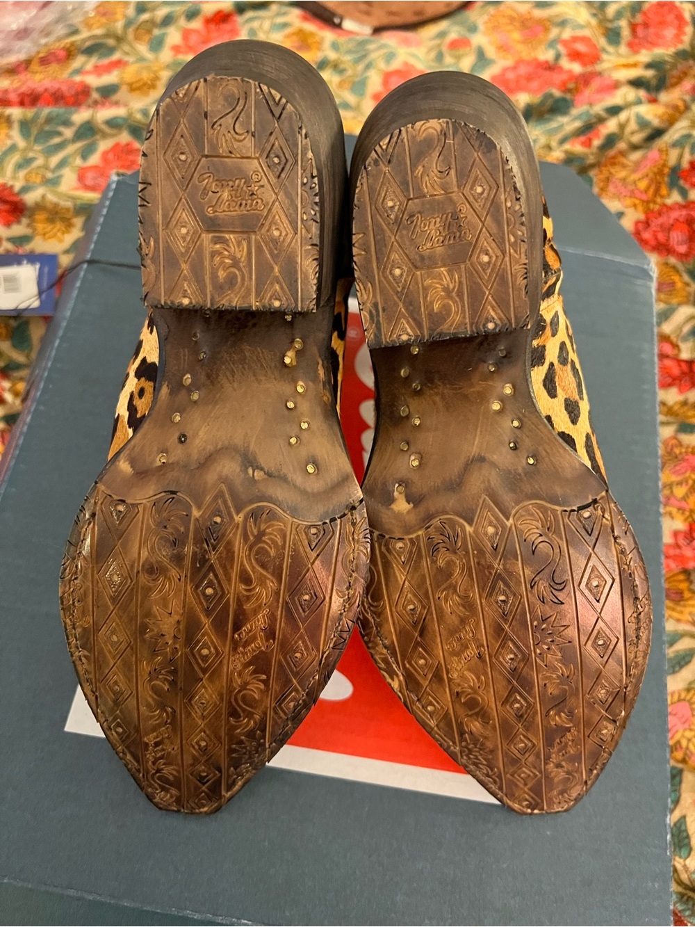 Tony Lama Calf-Hair Leopard Print Snip Toe Ankle Boots - Tan, Brown, Black - Picture 7 of 11